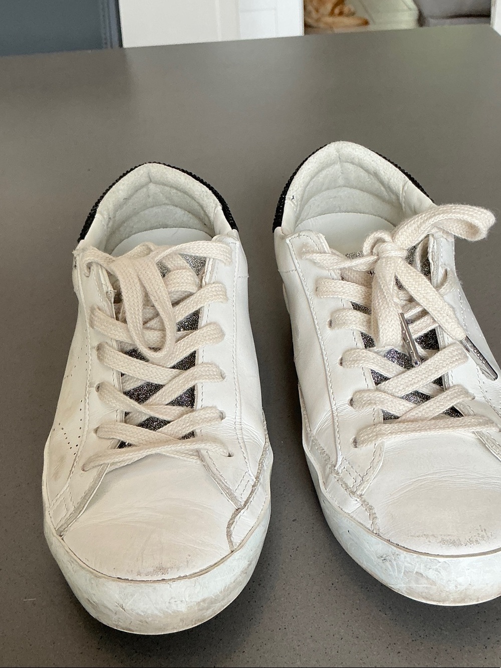 Golden Goose White Sneakers with Silver Glitter Tongue and Black Sequin Heel